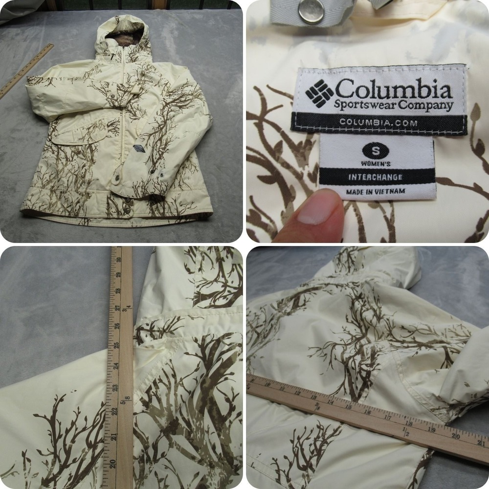 Columbia Jacket Women Small Cream Trees Insulated Omni Tech Waterproof Hooded